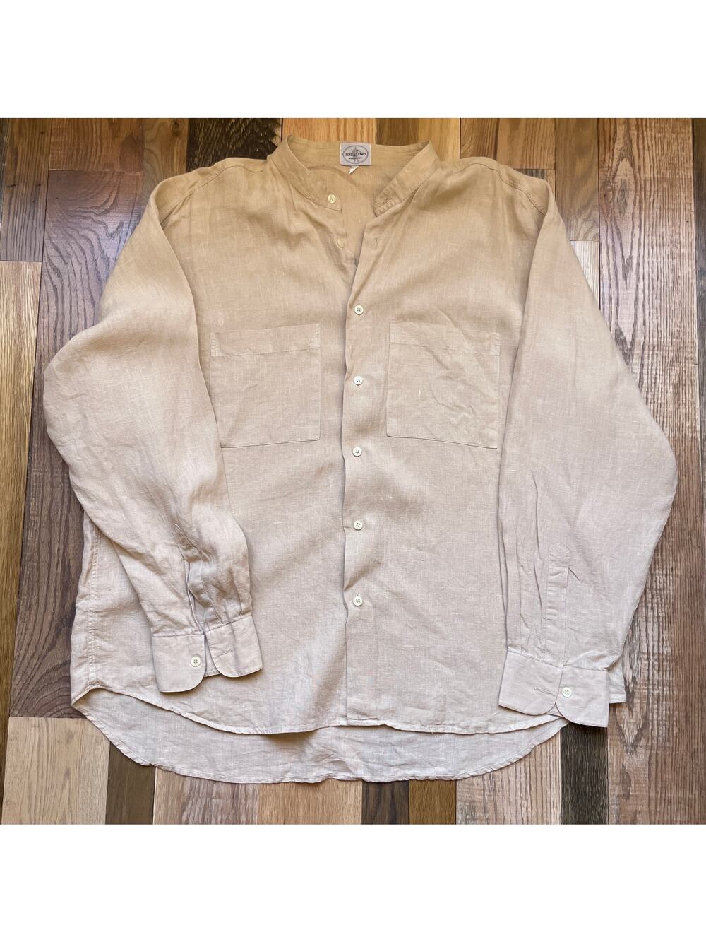 Vintage Linea Uomo Linen Shirt Made Italy Mens L Beige Band Collar